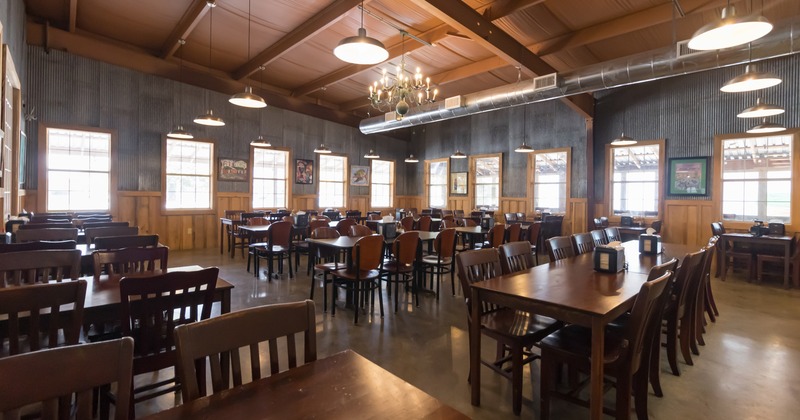 Diner area, tables and chairs, wide view