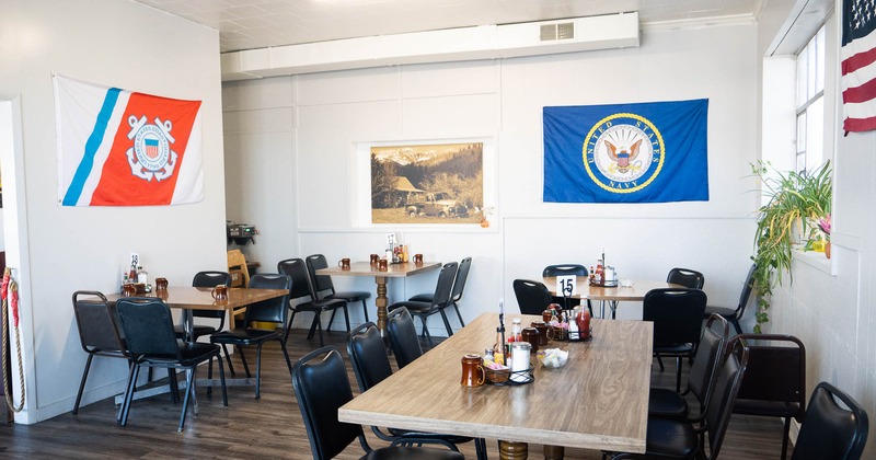 Interior, main seating area with flags on the wall