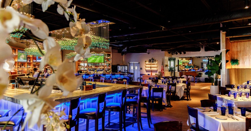 Spacious, modern, and cozy interior dining area and bar area