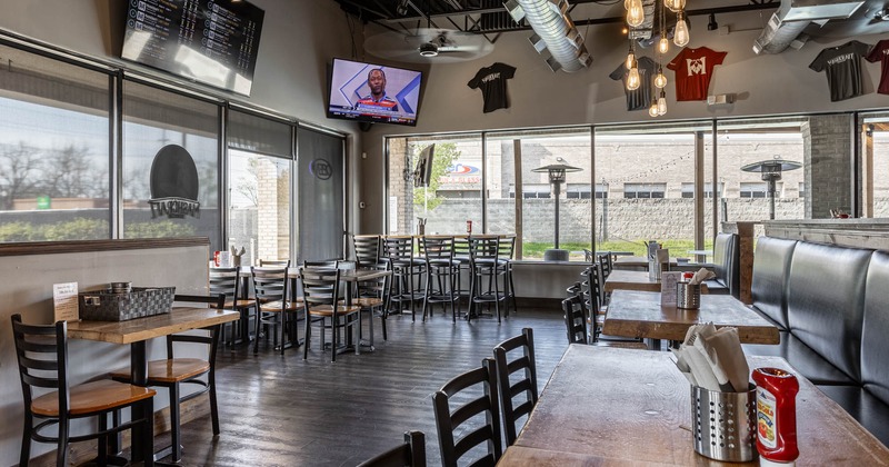 Interior, dining area, high and regular tables for two, four, six and eight people