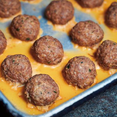Meatballs in a pan, closeup