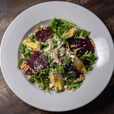 Beet and avocado salad, top view.