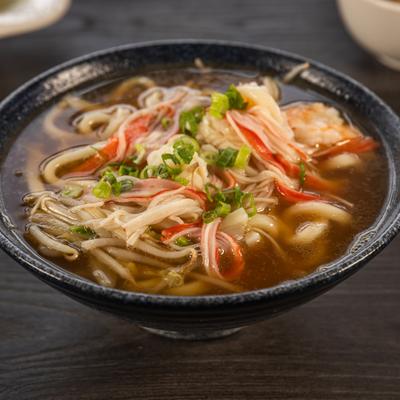 A bowl of Seafood Udon soup.