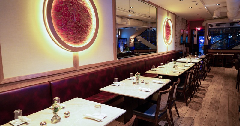 Interior, tables, benches, chairs, mirrors