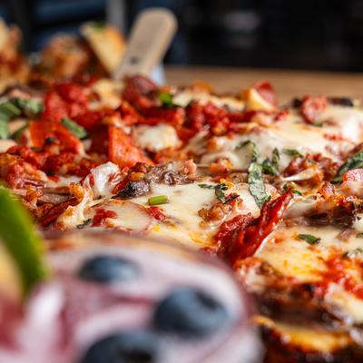 Detroit Style Meat Lover's Pizza, closeup.