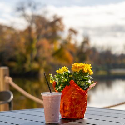Smoothie on table, river landscape view background.