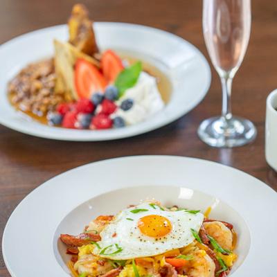 Lowcountry Breakfast Bowl with creme brulee french toast plate