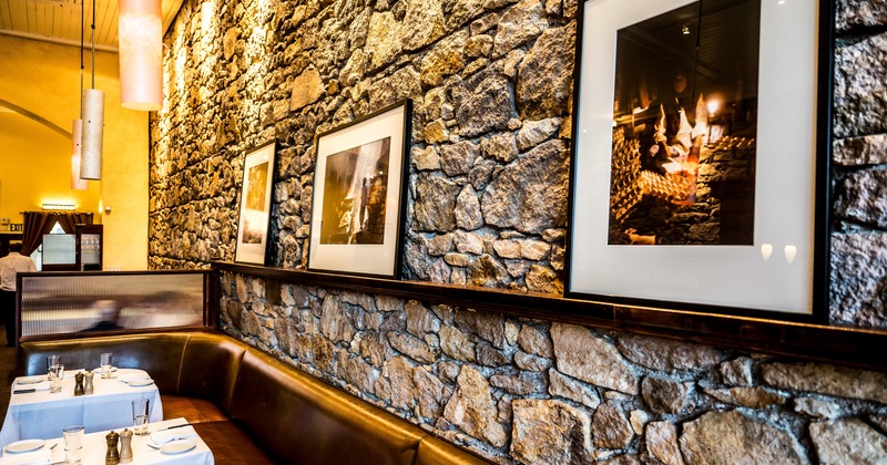 Interior, stone wall details, diner table