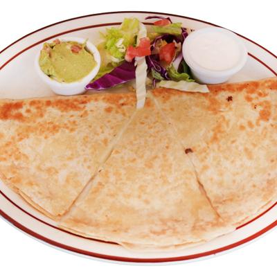 Cheese quesadilla served with guacamole, sour creme and a side salad.