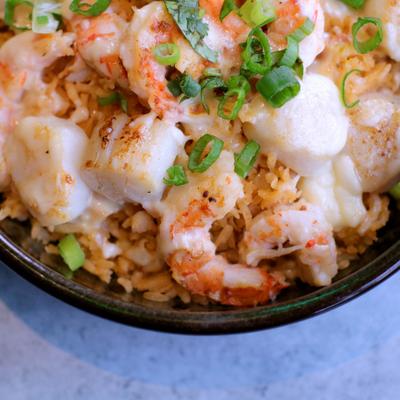 Chef's Burrito Bowl with shrimp, close-up.