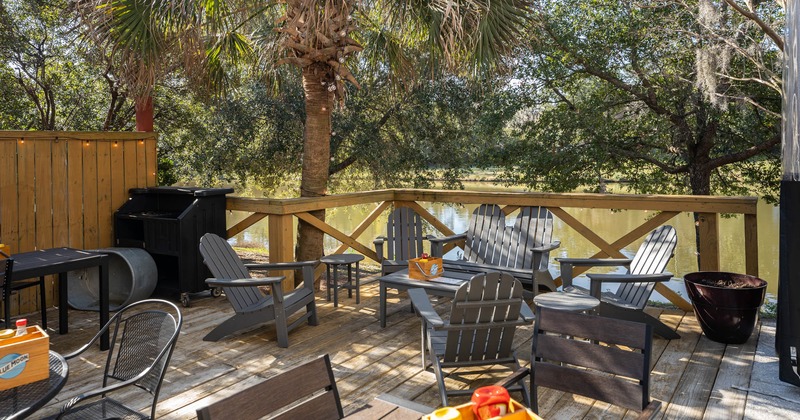 Beautiful patio with wooden chairs and table