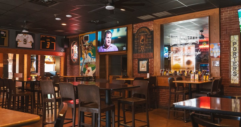 Interior space, tall tables and bar stools