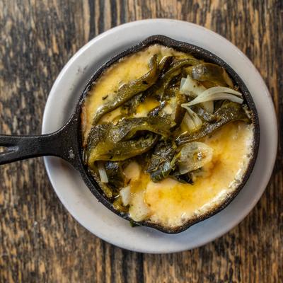 Cheese dip, with peppers.