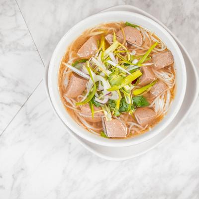 Beef meatball pho, top view.