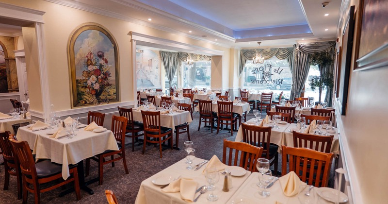 Dining area, tables set for guests