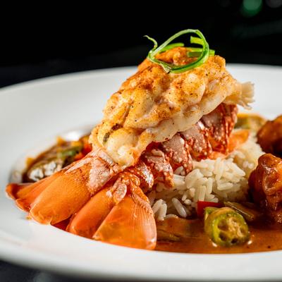 Lobster tail and shrimp.