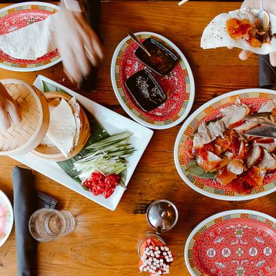 Assorted food on the table, top view.