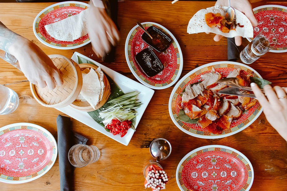 Assorted food on the table, top view.