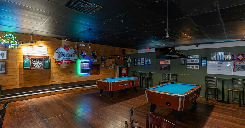 Interior, game room, pool tables