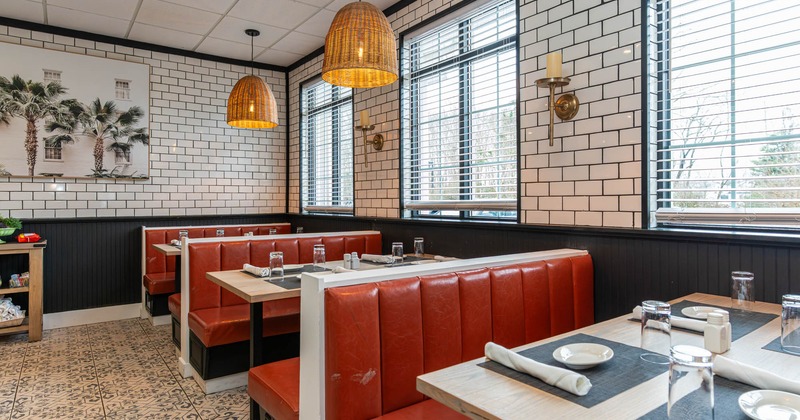Interior, seating area with booths and tables