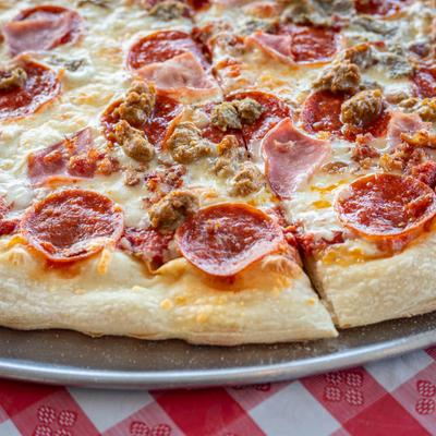 Meat Lovers pizza, close-up.