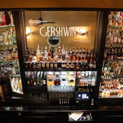 Gershwin's mirror logo downstairs bar area.