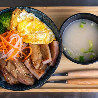 Teriyaki Stake Bowl with broth on the side.
