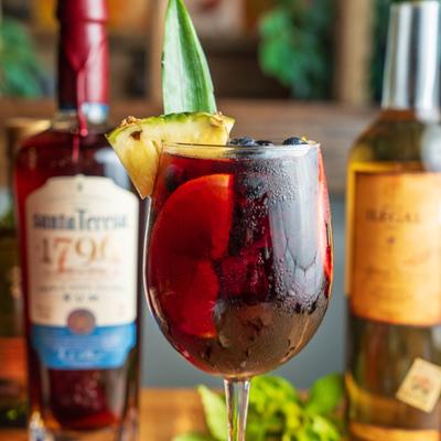 Red cocktail garnished with pineapple and cactus leaf.
