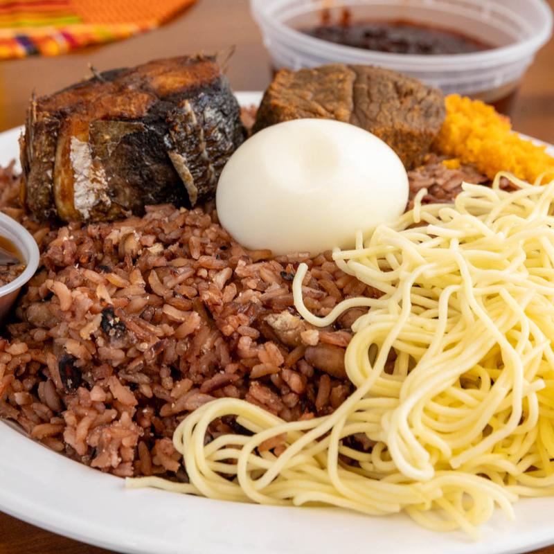 menu item 7 of 12, Waakye with Fish & Meat