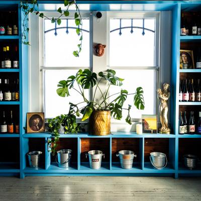 Blue shelving with plants, bottles, and buckets.