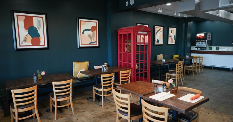 Interior, tables and chairs in seating area