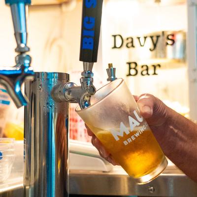 A person pours a beer from a tap.