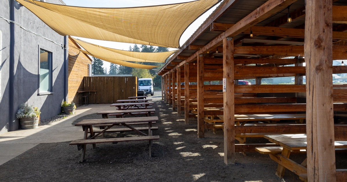 Exterior, patio, tables and benches, parasols
