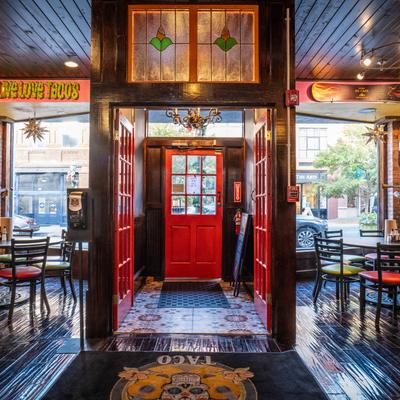 Interior, seating space near an exit.