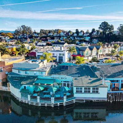 Aerial view of the restaurant and the water.