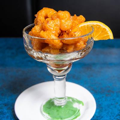 Bonsai Shrimp dish served in a cocktail glass.