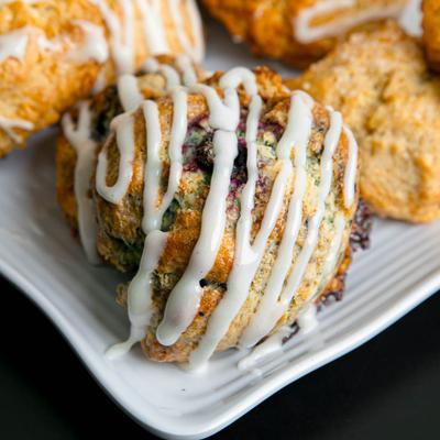 Blueberry scone, with vanilla icing.