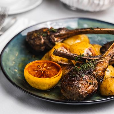Lamb chops with lemon potatoes and  house-made chimichurri.