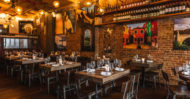 Restaurant interior, dining area with set tables