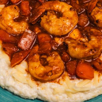 Creole Shrimp and Grits, close-up.