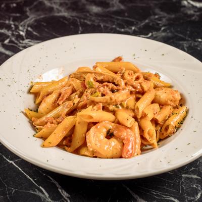 Vodka penne with shrimp.