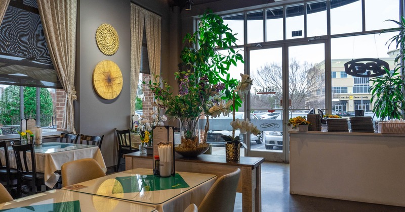 Interior, seating area with  a look at the entrance