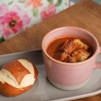 A closeup of the Tomato Basil soup.