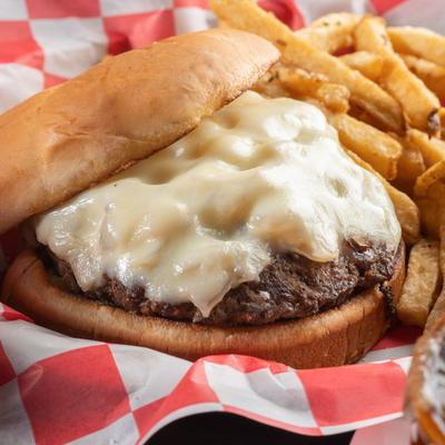 Garage Burger with white American cheese, and a side of fries
