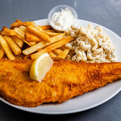 Fish and Chips, with mac salad, and tartar sauce.