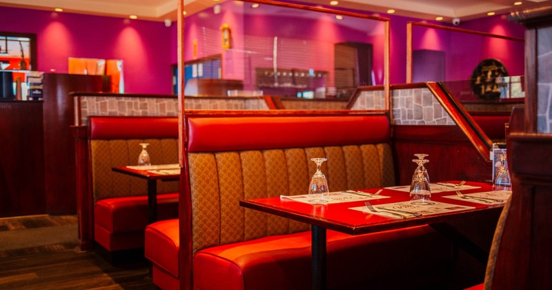 Interior, booths, tables, decorations, lighting