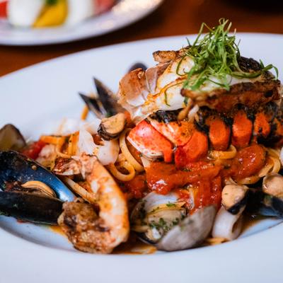 Linguine pasta with mixed seafood.