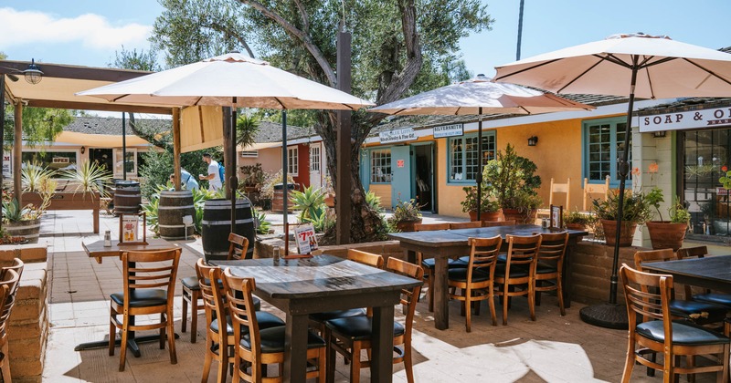 Wide view of patio seating area