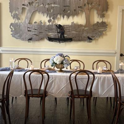 Table with a floral centerpiece.