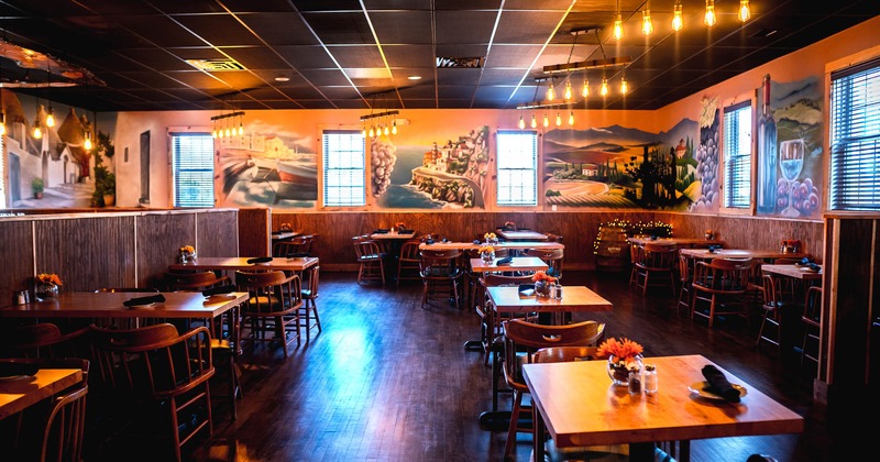 Interior, wooden, wide view, tables and chairs with decoration